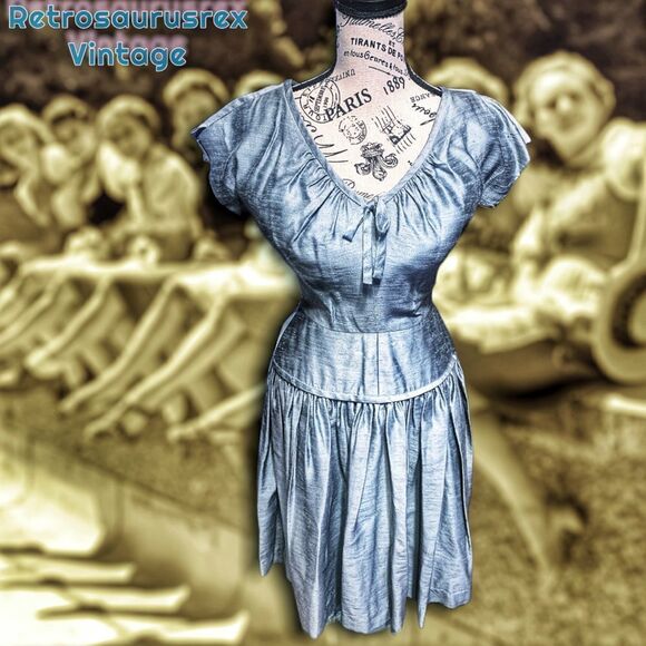 𝅺vintage 1950’s Old Hollywood Special Event Circle Skirt Blue Dress, Small - Picture 5 of 9